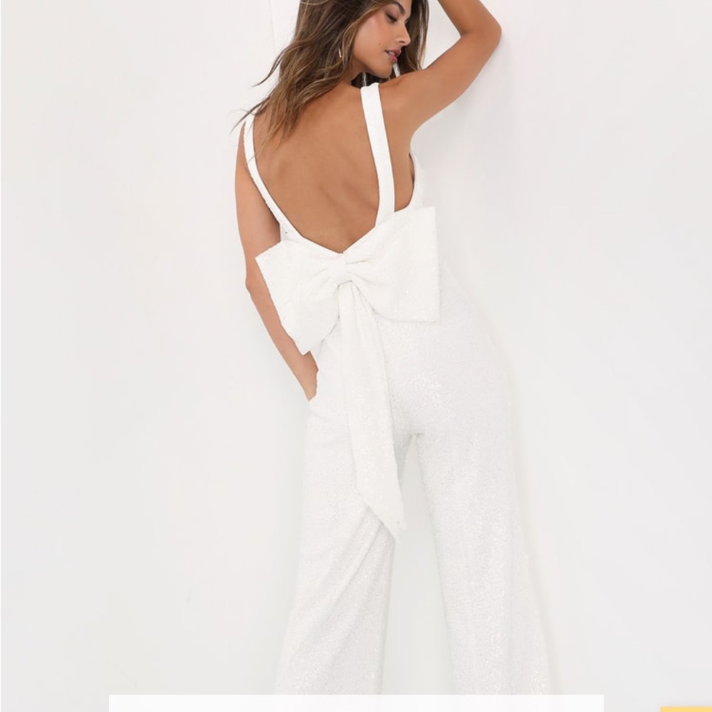 Lulus Feeling Sparkly White Sequin Bow Wide-Leg Jumpsuit